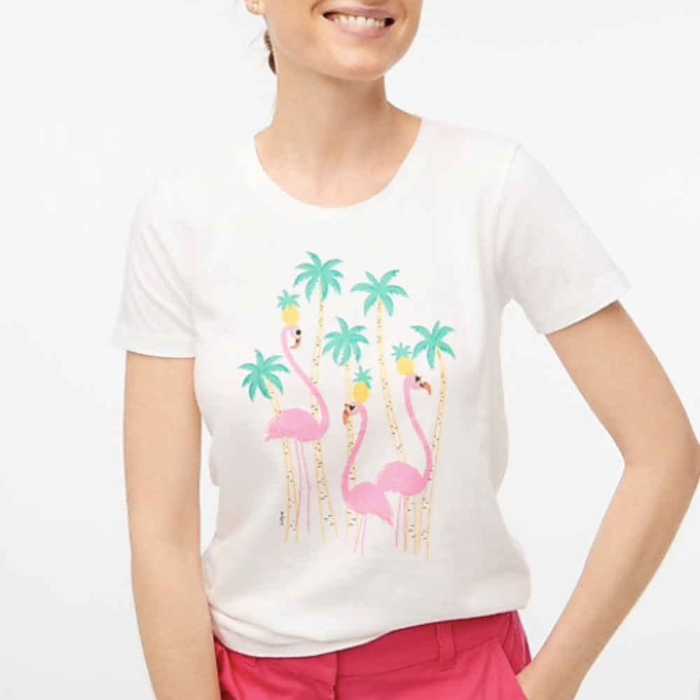 J Crew T-shirt Roller Skating Pink Flamingo Pineapples Palm Trees Cotton Tee